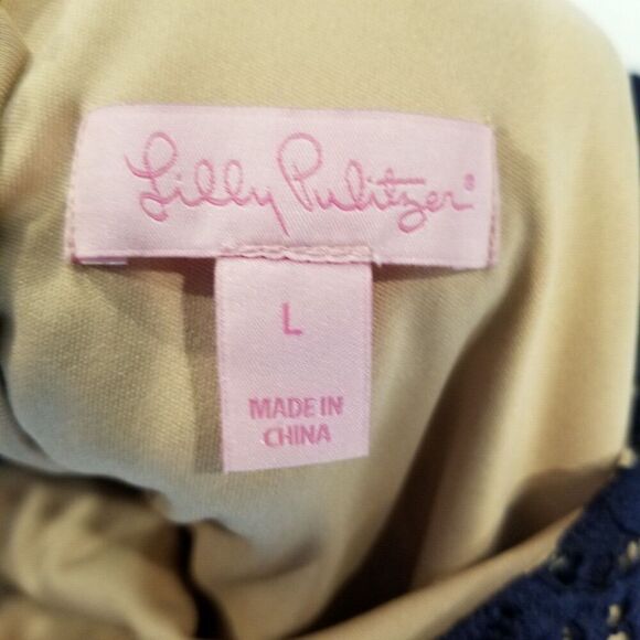 LILLY PULITZER NICOLINE BELL SLEEVE DRESS SCALLOPED SHELL LACE TRUE NAVY SIZE L - Picture 7 of 8